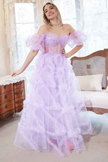 Une ligne de l’épaule Corset violet Plus Robe de bal avec nœud papillon